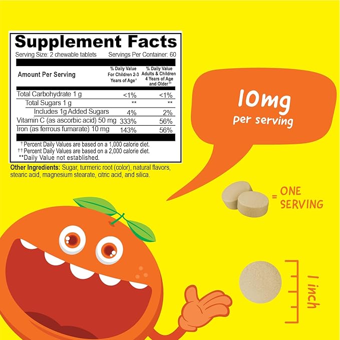 Kids Iron 10mg with Vitamin C 50mg Chewable Tablets - Tasty Natural Flavored - Vegan, Vegetarian, GMO-Free, Nut Free - Dietary Iron Supplement - Blood Formation for Children - 120 Chewables
