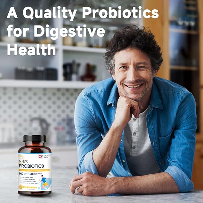 NATURE TARGET Probiotics for Men, 100 Billion CFUs Probiotics for Digestive Health with Enzymes & Prebiotics, 180 Veg Capsules, Mens Probiotic for Gut & Bloating, with Saw Palmetto for Prostate Health