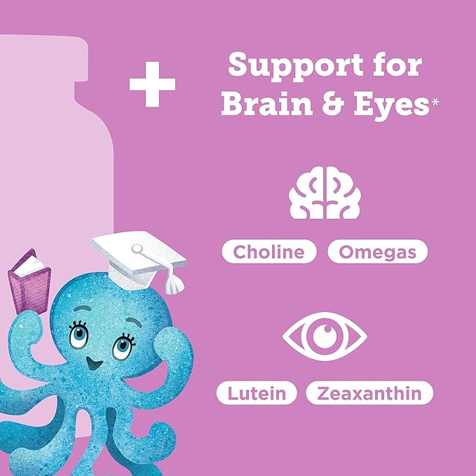 Hyland's Kids Multivitamin + Brain & Eye Health, Sugar Free Natural Mixed Berry Flavored Gummies with Choline, Lutein & Omegas, 60ct Bottle