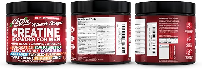 Clean Nutra Creatine Power for Men + HMB BCAA L Arginine L Citrulline Tongkat Ali Saw Palmetto Ashwagandha Collagen Flax Seed Turmeric Preworkout Stevia Nitric Oxide L Glutamine Amino Acids
