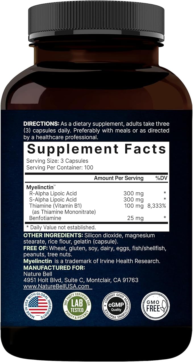 NatureBell Alpha Lipoic Acid Complex, 600mg, 300 Capsules | 4-in-1 Myelinctin Formula with R-ALA, S-ALA, Thiamine & Benfotiamine | High Absorption & Antioxidant Support | Non-GMO, Gluten-Free
