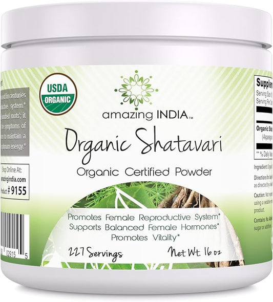 Amazing India USDA Certified Organic Shatavari Powder | 2 Grams | 227 Servings | Non-GMO | Gluten-Free | Made in USA