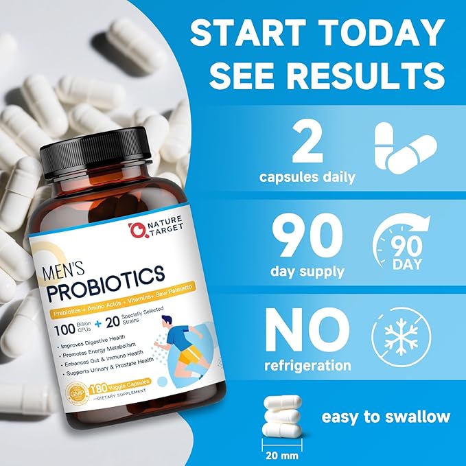 NATURE TARGET Probiotics for Men, 100 Billion CFUs Probiotics for Digestive Health with Enzymes & Prebiotics, 180 Veg Capsules, Mens Probiotic for Gut & Bloating, with Saw Palmetto for Prostate Health
