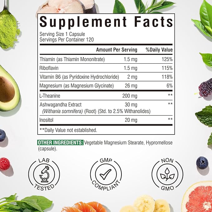 L-Theanine 200mg Supplement, Magnesium Glycinate, Ashwagandha, Inositol, Vitamin B1 B2 B6, No Gluten, Calm, Relaxation, Focus, Cognitive Function, 120 Vegan Caps