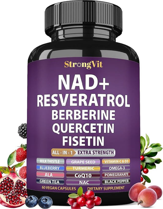 NAD Resveratrol Supplement with Berberine, Quercetin, CoQ10. Anti-Aging Formula for Women & Men. Liposomal NAD Plus, NAD+ Booster, Pure Organic Vitamin, USA