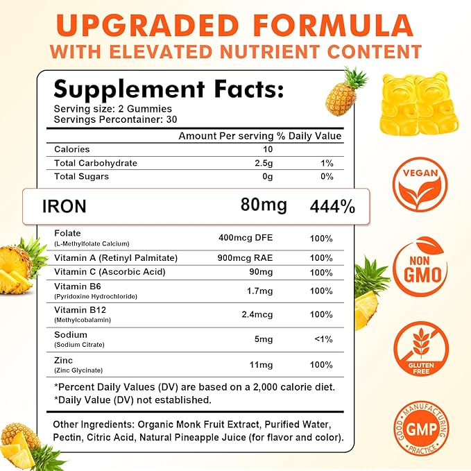 2 Pack Iron Gummies for Women & Men - Vegan Iron Supplement for Anemia & Iron Deficiency, with Vitamin B12, Vitamin C, Zinc, Folate - Energy Boost, Sugar-Free, Pineapple Flavor, 120 Count