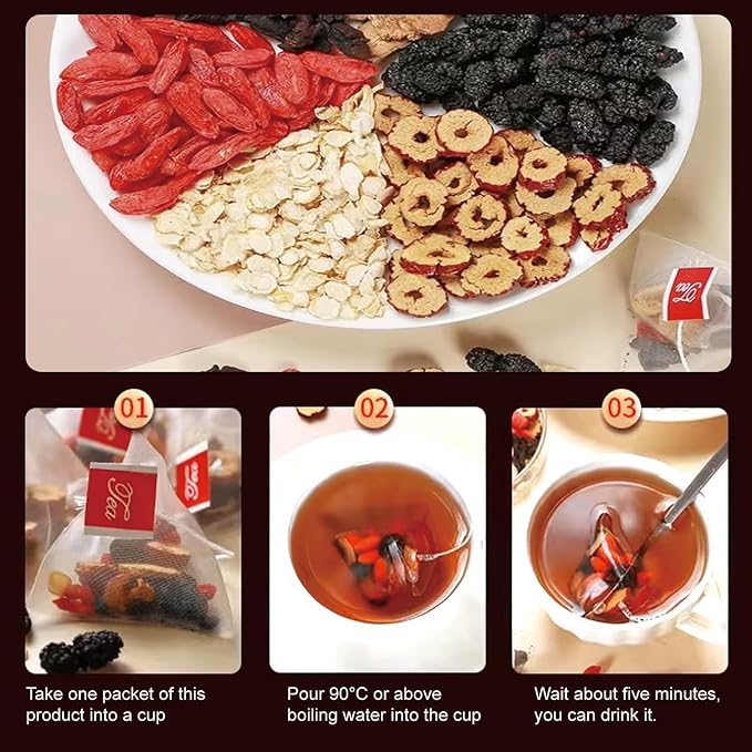 Ginseng Five Treasures Tea Kidney Tea - Kidney Cleanse Ginseng Six Treasures Teas, 6 Precious Ingredients Red Date Wolfberry Mulberry Natural Organic Detox Teabag for Women & Men (2 Bag(40 Teabag))
