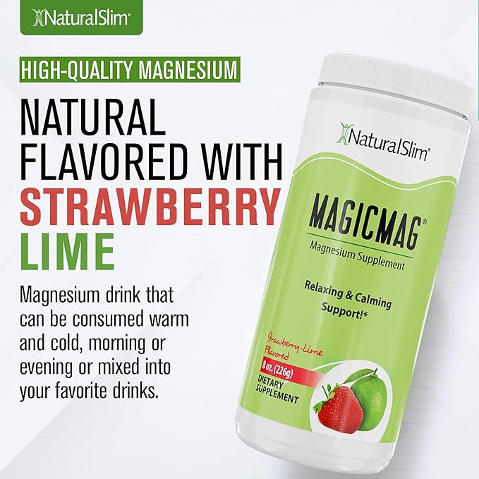 NaturalSlim Magicmag Pure Magnesium Citrate Powder – Stress, Constipation, Muscle, and Heart Support | Natural Strawberry & Lime Flavored Magnesium Supplement - 8oz Drink Mix (3 Pack)