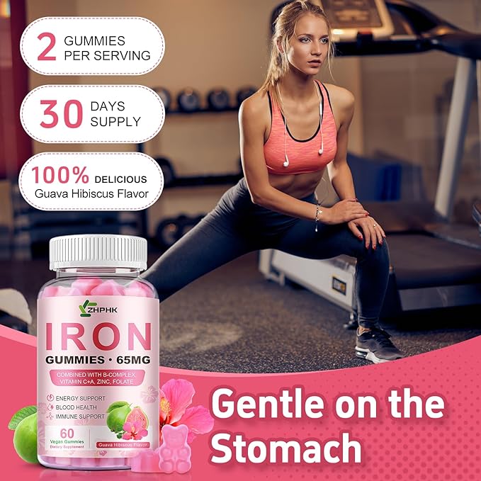 Iron Gummies Vitamin Supplement 65mg & Vitamin C 250mg per Serving with B6 B12 Folate- Energy Support for Iron Deficiency, Anemia, Vegan Guava Hibiscus Flavor, 60 Count