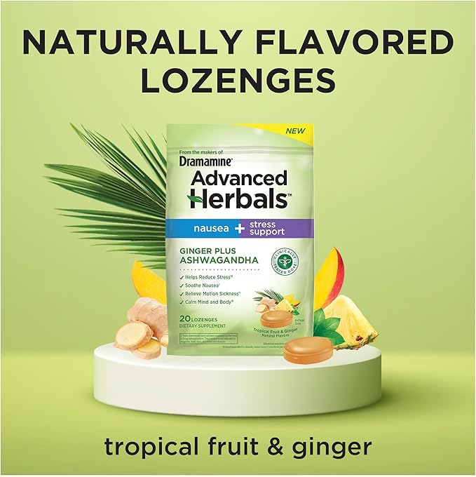 From the Makers of Dramamine, Advanced Herbals, Nausea and Stress Support with Ginger and Ashwagandha, Tropical Fruit and Ginger Flavored Lozenges, 20 Ct