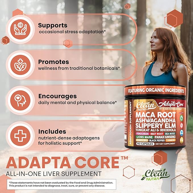 Clean Nutra AdaptaCore, Organic Maca Root Complex with Ashwagandha, Slippery Elm, Fenugreek, 90 Vegan Capsules