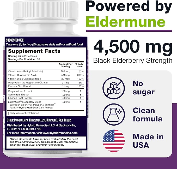 HybridEB Sambucus Elderberry Immune Support with Vitamin C, Zinc, Vitamin D3 - Antioxidant & Immunity Supplement, 1 Month Supply - 9 in 1 Black Elderberry Kids and Adults - 60 Capsules