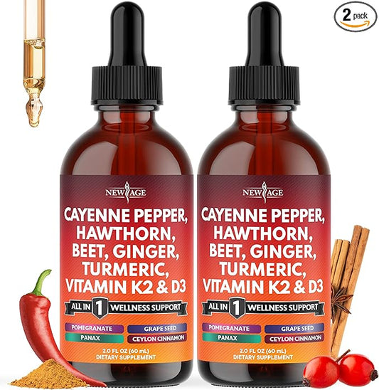 Cayenne Pepper Supplement Liquid Drops + Hawthorn Berry, Vitamin D3 K2 Beet Root Powder, Ceylon Cinnamon, Turmeric Curcumin, Organic Panax Ginseng - 4oz