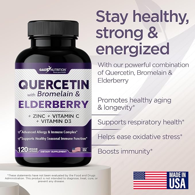 Gade Nutrition Quercetin with Bromelain & Elderberry | Quercetin with Vitamin C and Zinc | Zinc Quercetin 500mg with Vitamin D3 | Daily Immune Support Supplement - 6 Months Supply