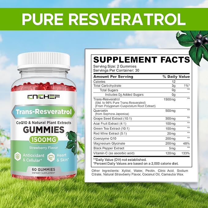 Trans-Resveratrol Gummies 1500mg - Resveratrol Supplement Gummies with Quercetin, Magnesium Glycinate, CoQ10 & Vitamin C for Antioxidant, Immune, Brain, Joint & Energy - Sugar-Free Strawberry Flavor