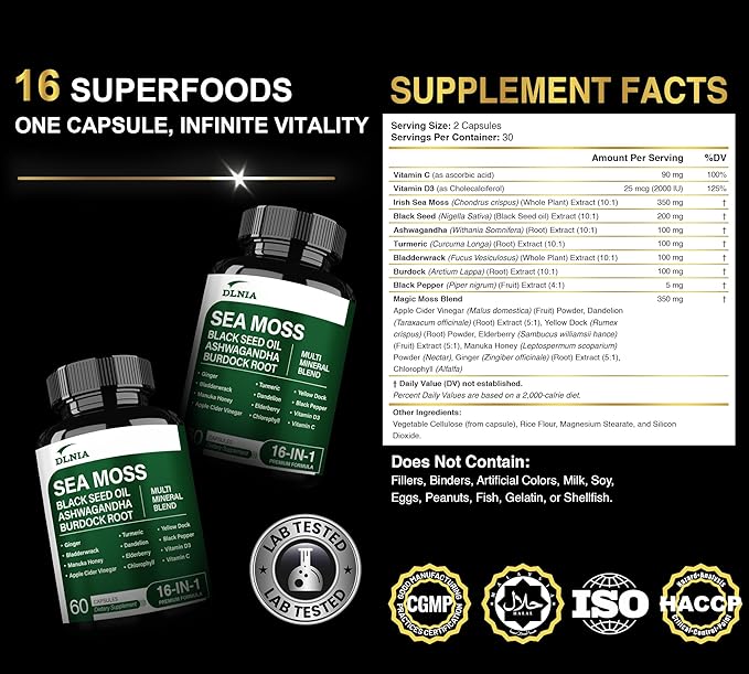 16-in-1 Organic Sea Moss Gel Alternative Capsules – Superfood Blend with Ashwagandha, Black Seed Oil, Turmeric, Bladderwrack, Burdock, Elderberry, Manuka, Dandelion, Yellow Dock, Vitamin C & D3