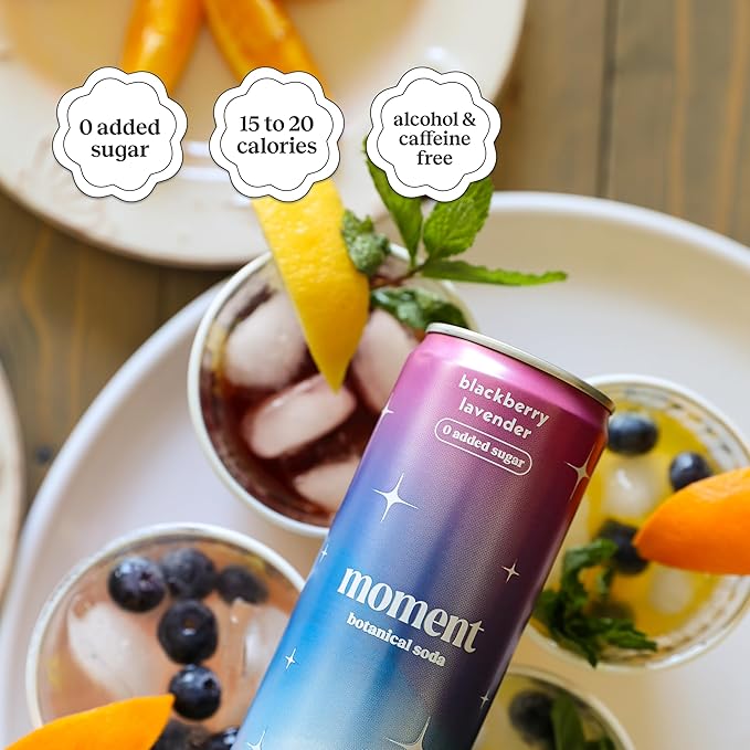 Moment Botanical Soda Soft Drink (Shark Tank) - SPARKLING Drinks | Berry Blast | L-Theanine & Ashwagandha for Calm & Clarity | 0 Added Sugar 0 Caffeine | 12-pack