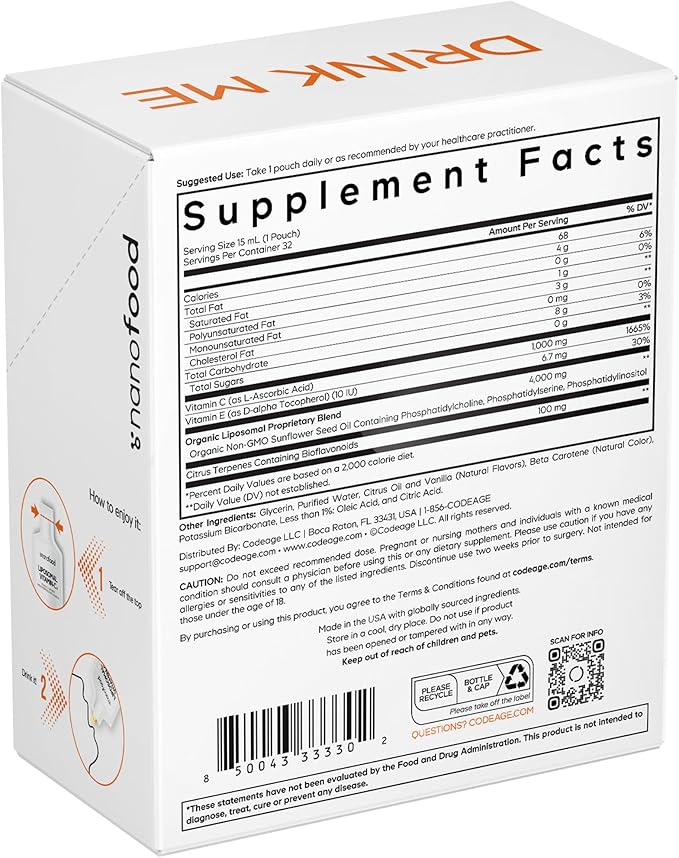 Codeage Liposomal Vitamin C Liquid 1000mg Vitamin C, 4000mg Essential Phospholipids, Supplement For Daily Immune Support, Liposomes For Absorption, Citrus Bioflavonoids, Vitamin E, Non-GMO, 32 Pouches