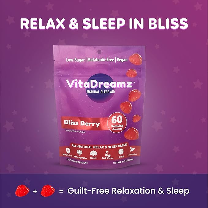 Bliss Berry Magnesium Relax & Sleep Gummies with Ashwagandha, Reishi, Tart Cherry, 5-HTP, L-Theanine | No Melatonin | Low-Sugar, Vegan, Non GMO, Berry Flavored
