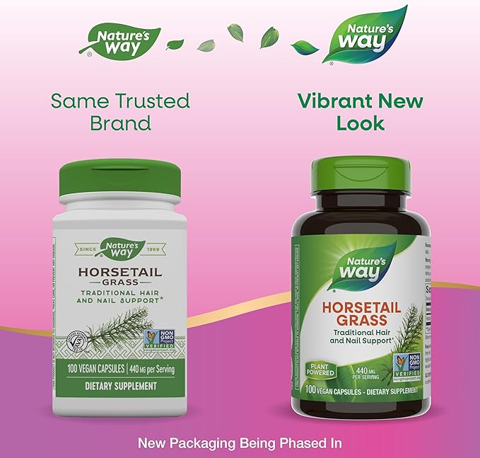 Nature's Way Horsetail Grass, Traditional Hair & Nail Support*, 440 mg per Serving, Non-GMO Project Verified, Vegan, 100 Capsules (Packaging May Vary)