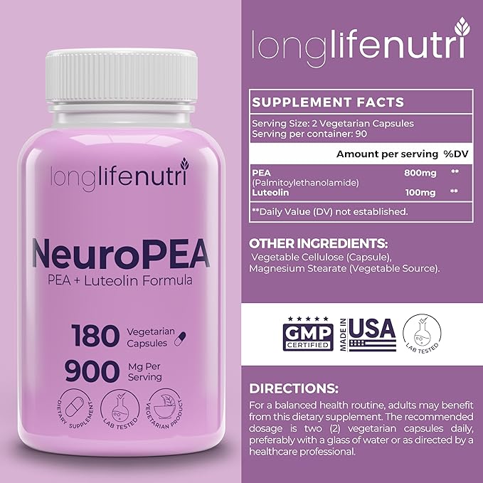 NeuroPEA (Palmitoylethanolamide + Luteolin 800mg/100mg) – Organic Supplement for Nerve Performance, 180 Vegetarian Capsules, 3-Month Supply, GMP Certified, USA Made