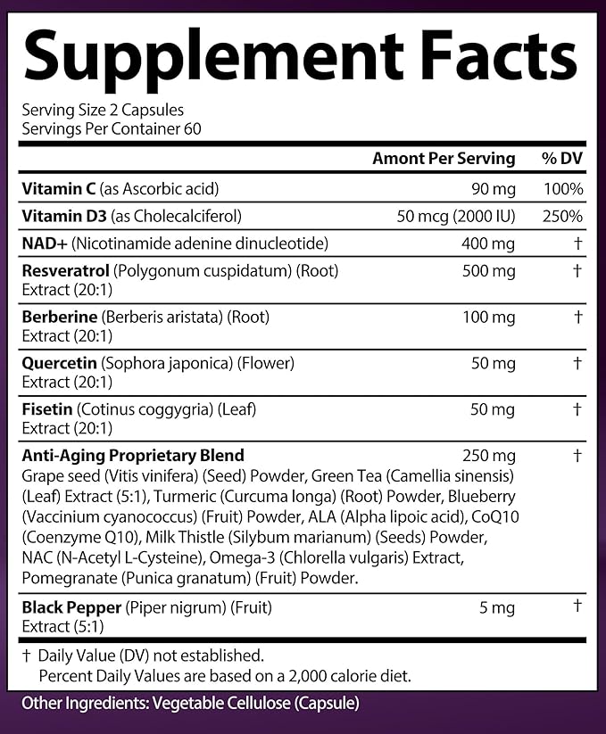 NAD Resveratrol Supplement with Berberine, Quercetin, CoQ10. Anti-Aging Formula for Women & Men. Liposomal NAD Plus, NAD+ Booster, Pure Organic Vitamin, USA (120 Capsules)