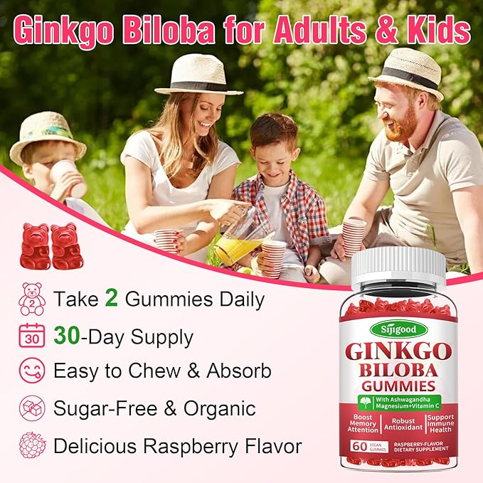 2 Pack Ginkgo Biloba Gummies with Panax Ginseng and Magnesium, Ginkgo Biloba Supplements for Focus, Memory, and Brain Health for Adults & Kids, Vegan Raspberry Flavor Gummies, 120 Count