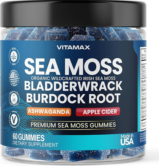 Irish Sea Moss Gummies, Sea Moss, Bladderwrack, Ashwagandha, Burdock Root, ACV - Multi-Mineral - Non-GMO and Vegan – Made in USA – 60ct