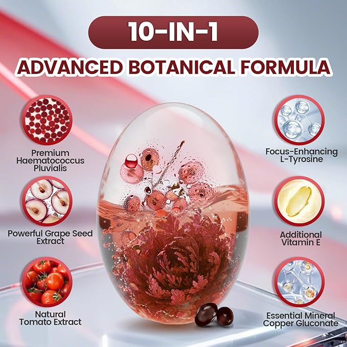 Astaxanthin 12mg, 720 Softgels, Fresh Haematococcus Pluvialis 10 in 1 Astaxanthin Antioxidant Supplements, Contains Lycopene, Grape Seed, Vitamin E, & More Supports Eye, Joints, Skin Health, 3 Bag