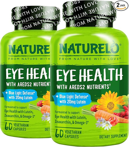 NATURELO Eye Vitamins - AREDS 2 Formula Nutrients with Lutein, Zeaxanthin, Vitamin C, E, Zinc, Plus DHA - Supplement for Dry Eyes, Healthy Vision, Eye Support - 60 Vegan Capsules (Pack of 2)