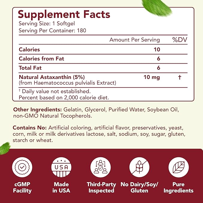 Easy Absorption Astaxanthin Supplement - 10mg Astaxanthin from Haematococcus Pluvialis Fresh Microalgae for Skin and Eye Health Support - Rich in Antioxidants and Carotenoids (180 Servings)