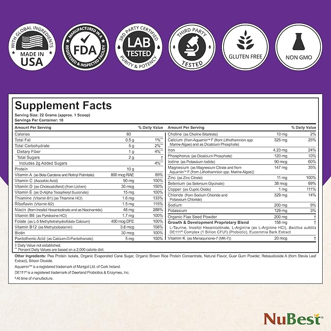 NuBest Tall Vanilla Plant-Based Protein Powder for Kids & Teens - Healthy & Immunity with Probiotics, Omega 3-6-9, Vitamin D3 + K2, Calcium & Vitamins - 10 Servings | 2 Week Supply