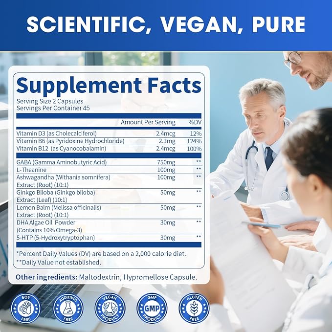 GABA Supplements 750mg with L Theanine, 5HTP, Ashwagandha, Lemon Balm, Ginkgo Biloba, Omega-3, 10 in 1 GABA Calm Capsules for Sleep, Relaxation, Focus, Mood Support, Cortisol Balance - 2 Pack
