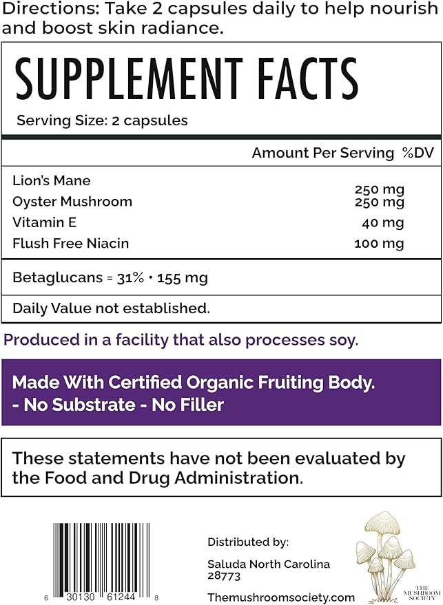 Skin Rejuvenation Supplement - Inner Skin Glow & Cellular Repair Formula – Lion’s Mane, Oyster, Vitamin E, Niacin + Beta-Glucans – Antioxidant + Beauty Blend - 120 Vegan Capsules