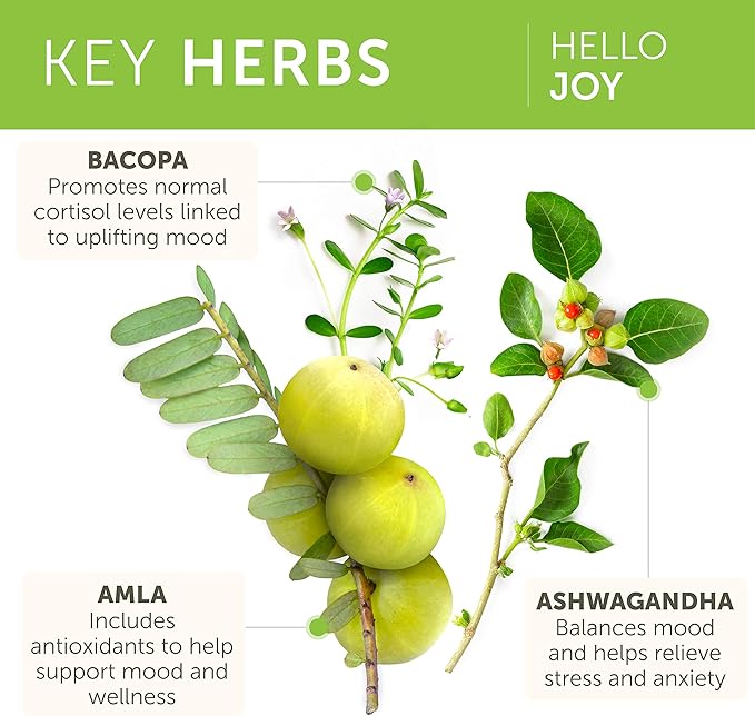 Himalaya Hello Joy Herbal Supplement, with Ashwagandha, Amla, Bacopa, Holy Basil/Tulsi, Positive Outlook, Supports Motivation, Stress Relief, Balanced Cortisol, Non-GMO, Vegan, 60 Capsules