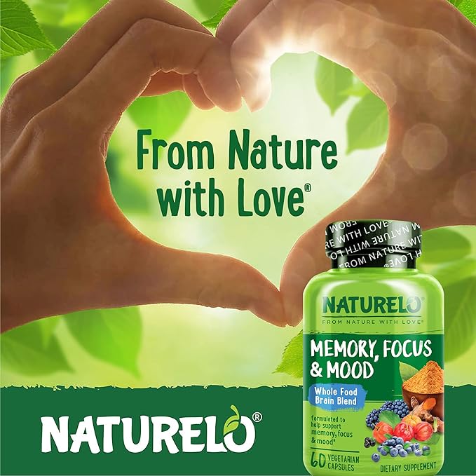 NATURELO Whole Food Brain Supplement - Brain Health Supplements for Memory & Focus Support - Enhance Brain Health Blend Supplement for Adults - 60 Vegetarian Capsules (Pack of 2)