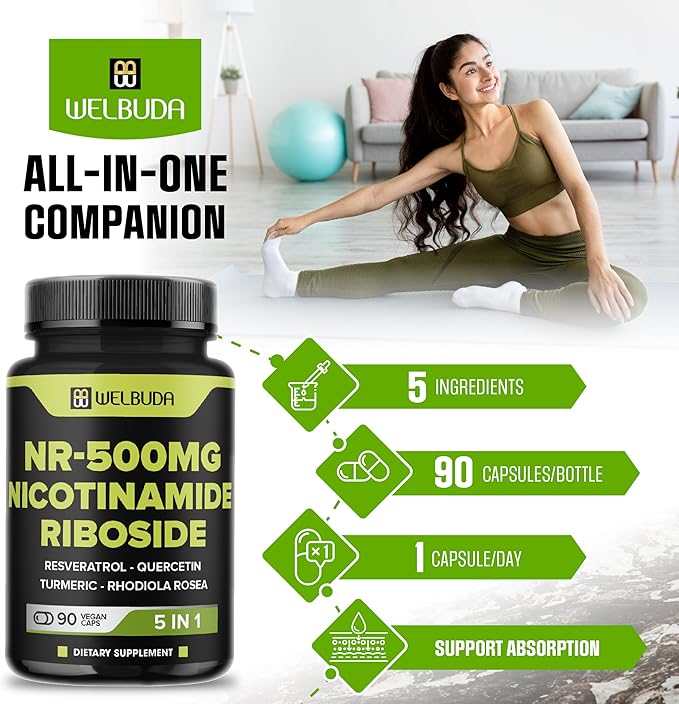 5in1+ Nicotinamide Riboside Supplement with Resveratrol, Quercetin, Turmeric, Rhodiola Rosea - 90 Count for 90 Days