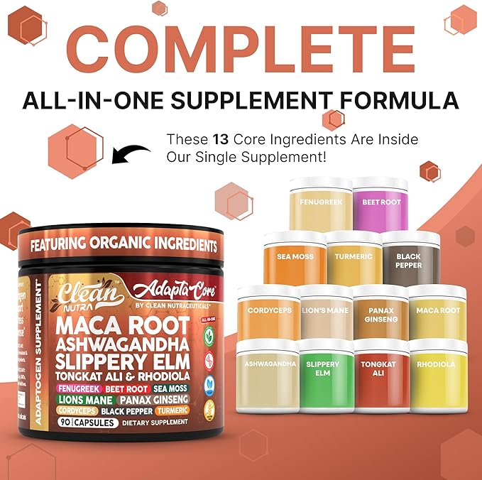 Clean Nutra AdaptaCore, Organic Maca Root Complex with Ashwagandha, Slippery Elm, Fenugreek, 90 Vegan Capsules