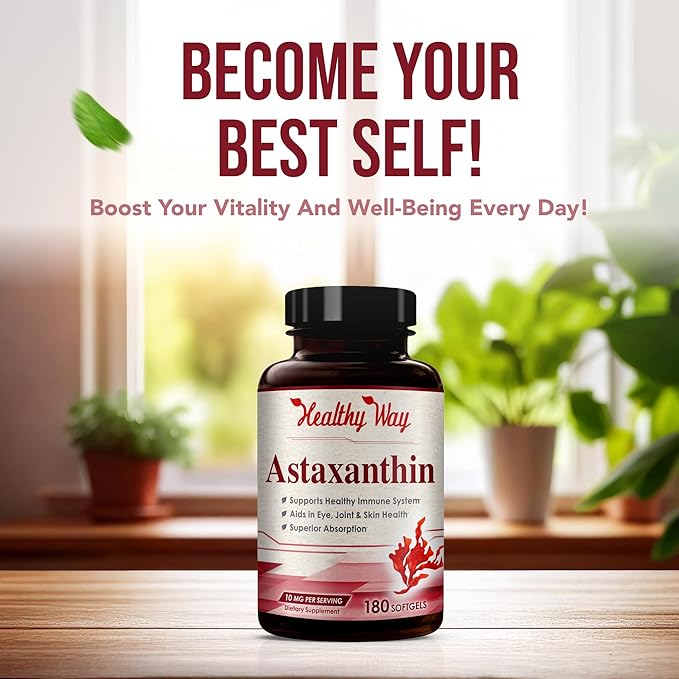 Easy Absorption Astaxanthin Supplement - 10mg Astaxanthin from Haematococcus Pluvialis Fresh Microalgae for Skin and Eye Health Support - Rich in Antioxidants and Carotenoids (180 Servings)