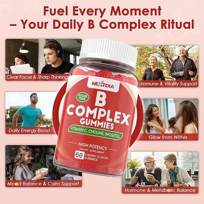 Vitamin B Complex Gummies, Vegan Vitamin B Gummies with 2000 mcg Methyl B12, Methyl Folate | Plus Choline + Inositol, Vitamin C + Zinc for Supports Energy, Mood, Immune, Healthy Hair, Skin - 60 Cts
