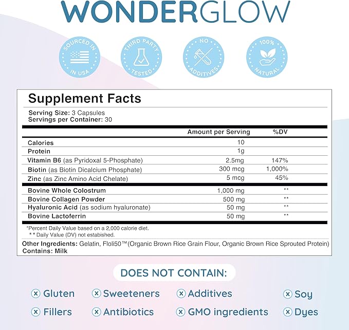 Hair Skin and Nails Vitamins w/Bovine Colostrum, Collagen, Hyaluronic Acid, Biotin, Zinc, & Lactoferrin┃Supports Faster Hair Growth, Stronger Nails and Glowing Skin (30 Servings, Capsule)