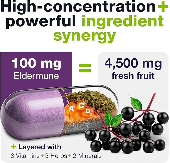 HybridEB Sambucus Elderberry Immune Support with Vitamin C, Zinc, Vitamin D3 - Antioxidant & Immunity Supplement, 1 Month Supply - 9 in 1 Black Elderberry Kids and Adults - 60 Capsules