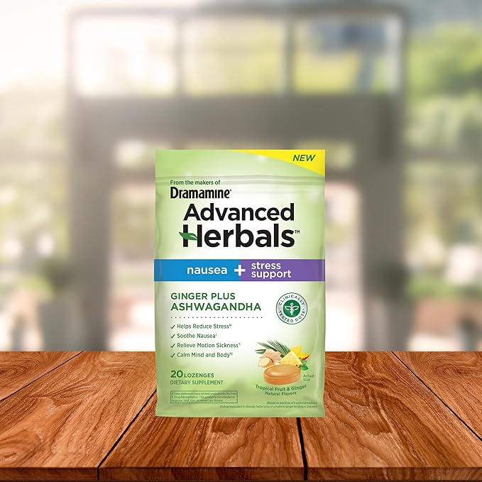 From the Makers of Dramamine, Advanced Herbals, Nausea and Stress Support with Ginger and Ashwagandha, Tropical Fruit and Ginger Flavored Lozenges, 20 Ct