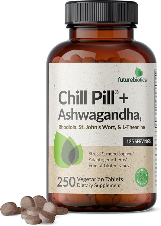 Futurebiotics Chill Pill + Ashwagandha, Rhodiola, St. John’s Wort, & L-Theanine - Non-GMO, 250 Vegetarian Tablets
