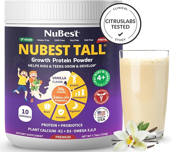 NuBest Tall Vanilla Plant-Based Protein Powder for Kids & Teens - Healthy & Immunity with Probiotics, Omega 3-6-9, Vitamin D3 + K2, Calcium & Vitamins - 10 Servings | 2 Week Supply