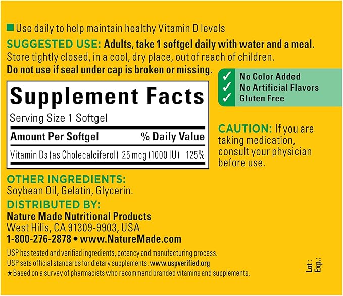 Nature Made Vitamin D3 1000 IU (25 mcg), Vitamin D Supplement for Bone, Teeth, Muscle and Immune Health Support, 180 Softgels, 180 Day Supply