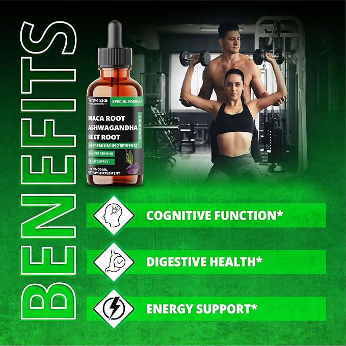 10in1 Maca Liquid Drops with Ashwagandha, Fenugreek, Beet Root, L-Arginine,Turmeric,Ginseng & More - 30 Days Supply - 1FL Oz