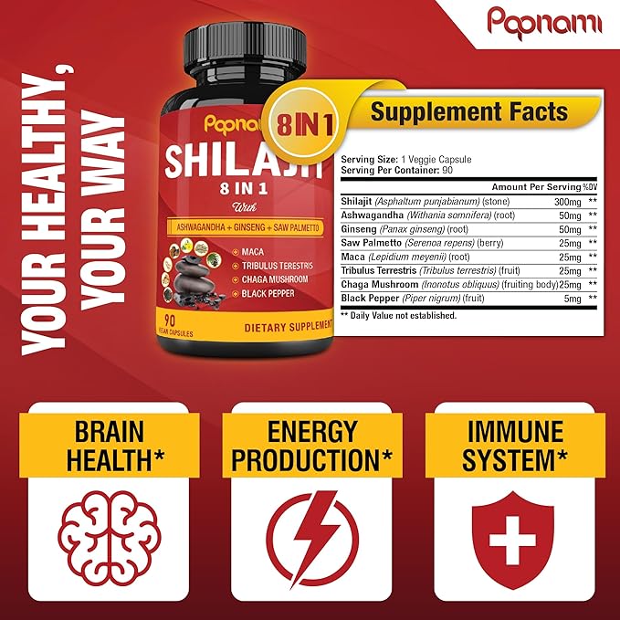 Shilajit Himalayan Capsules - 3 Month Supply - Combined Ashwagandha, Ginseng, Saw Palmetto, Maca, Tribulus, Chaga, Black Pepper