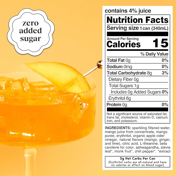 Moment Botanical Soda Soft Drink (Shark Tank) - SPARKLING Drinks | Mango Glow | L-Theanine & Ashwagandha for Calm & Clarity | 0 Added Sugar 0 Caffeine | 12-pack