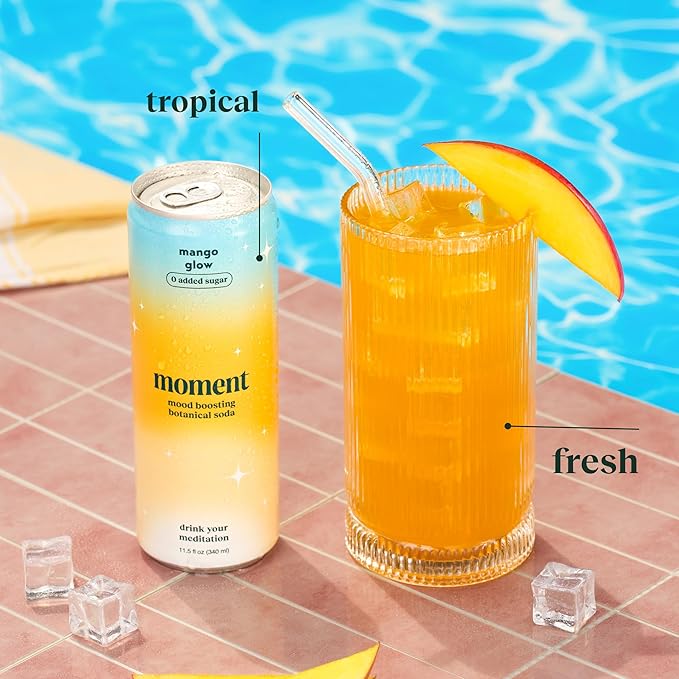 Moment Botanical Soda Soft Drink (Shark Tank) - SPARKLING Drinks | Mango Glow | L-Theanine & Ashwagandha for Calm & Clarity | 0 Added Sugar 0 Caffeine | 12-pack